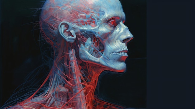 A picture of a human head with the bones of the body.