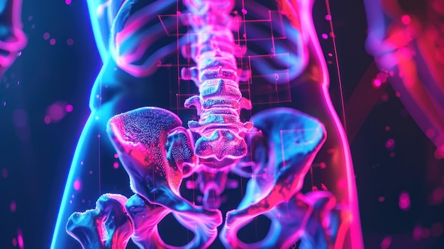 Photo picture of human lumbar bone isolated with 3d hologram medical concept new technology