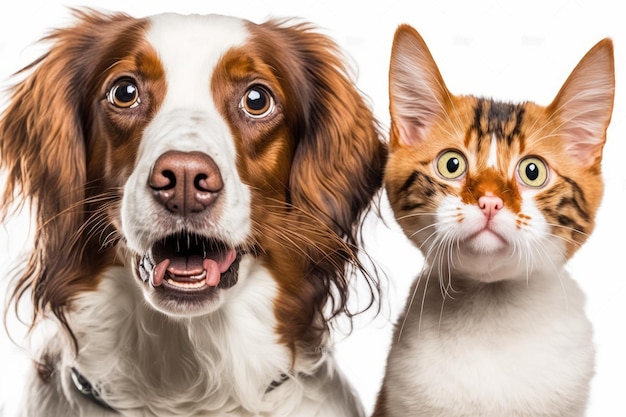 A picture of a hungry dog and a cat licking its face set against a white background