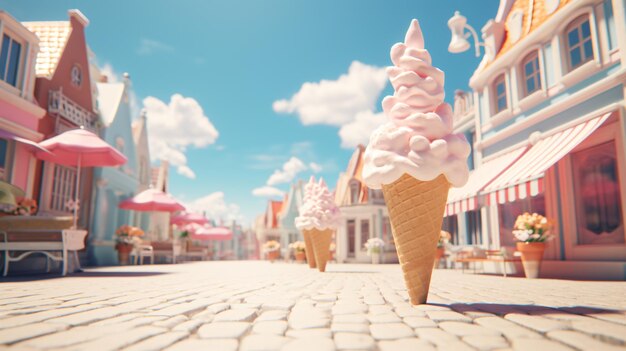 a picture of ice cream cone with a blue sky and a building in the background