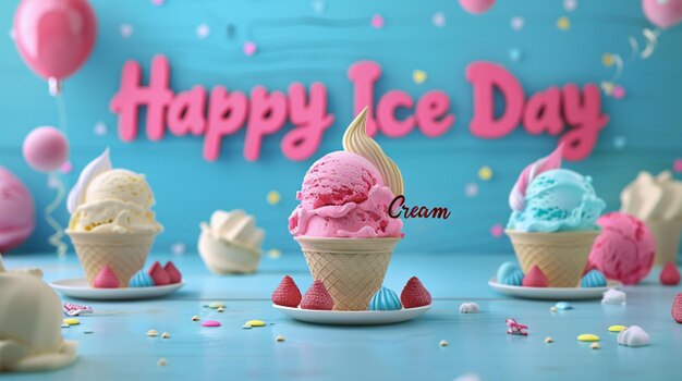 a picture of ice cream cone with the word happy ice cream on it