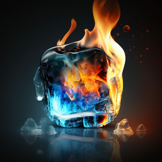 A picture of a ice cube with a fire and ice on it.