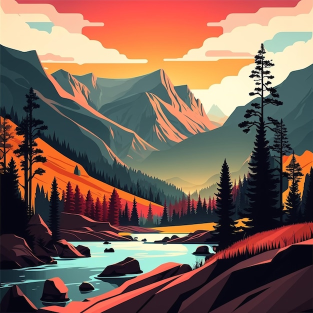 A picture illustration of a mountain scene with a river and trees generative ai