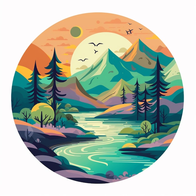 A picture illustration of a scenic mountain landscape with a river and birds generative ai