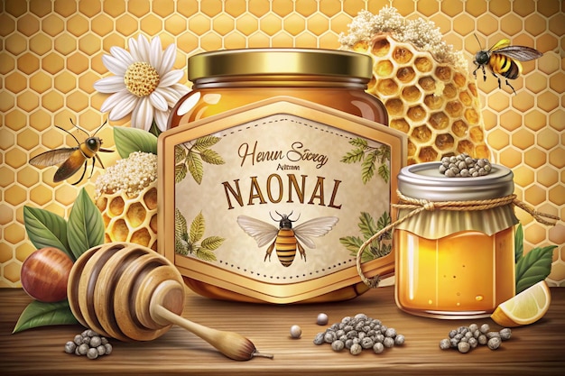 a picture of a jar of honey with bees on it