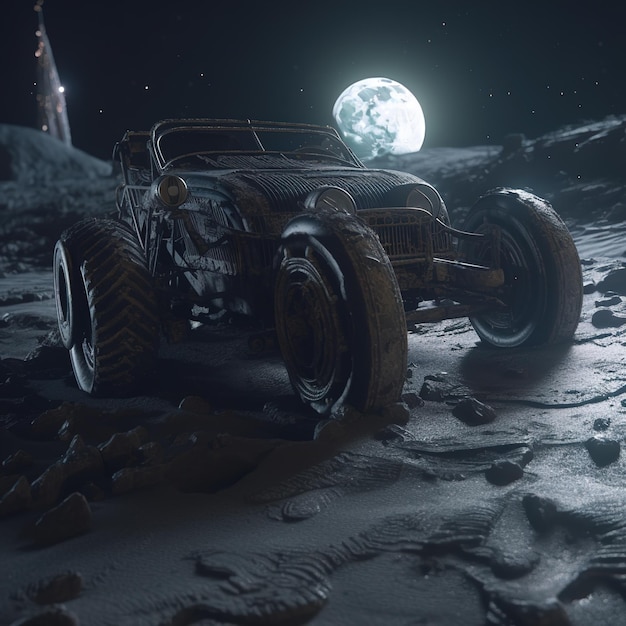 A picture of a jeep with the moon in the background.