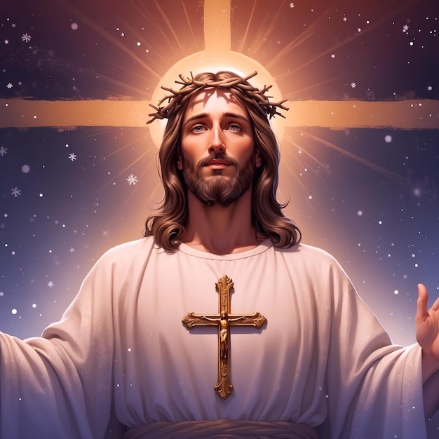 a picture of jesus holding a cross with the words jesus on it