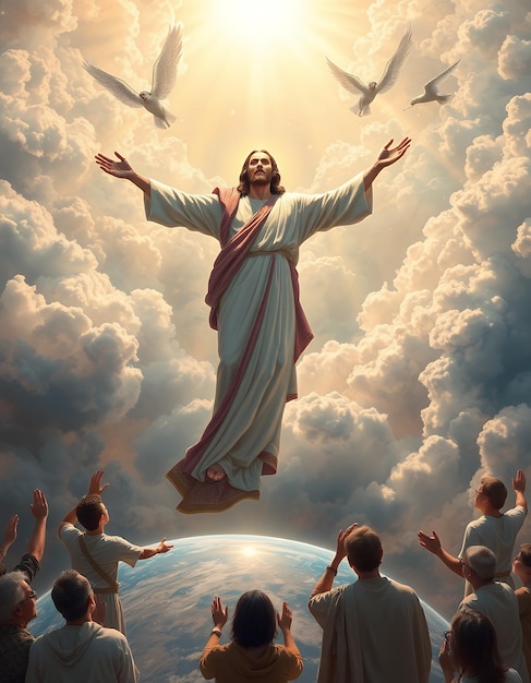 a picture of a jesus above the world