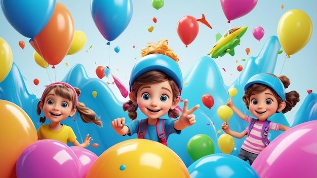 a picture of kids playing with balloons and a girl with a fish on her head