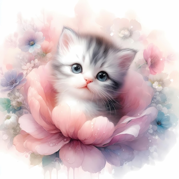 Photo a picture of a kitten with a flower background and the words  a kitten