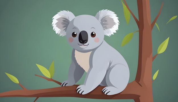 a picture of a koala on a tree with leaves and a green background