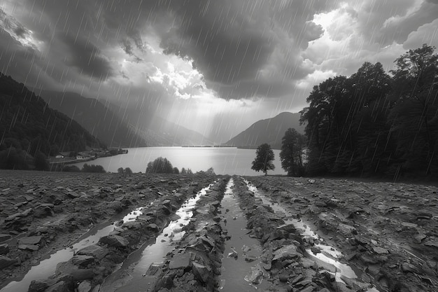 Photo a picture of a lake and a mountain with rain and a cloudy sky