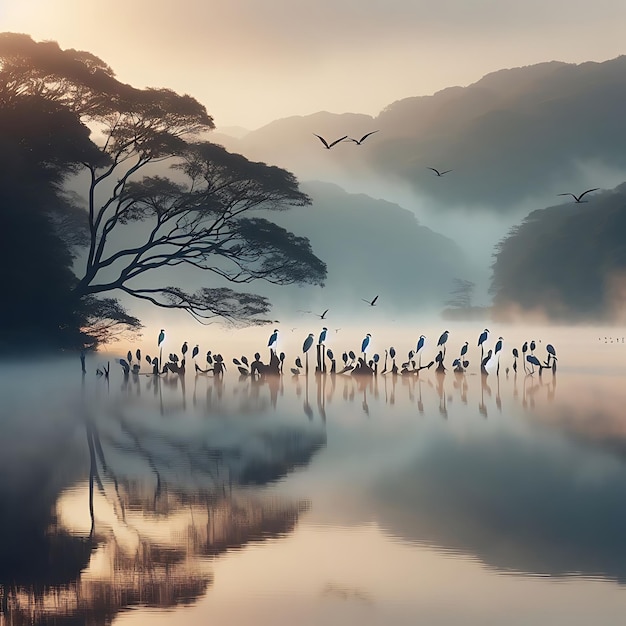 a picture of a lake with birds and trees in the background