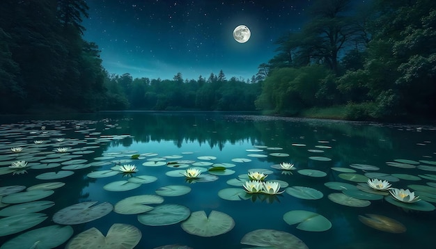 a picture of a lake with water lily pads and a full moon