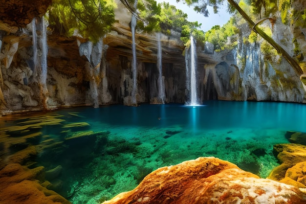 A picture of a lake with a waterfall and a waterfall