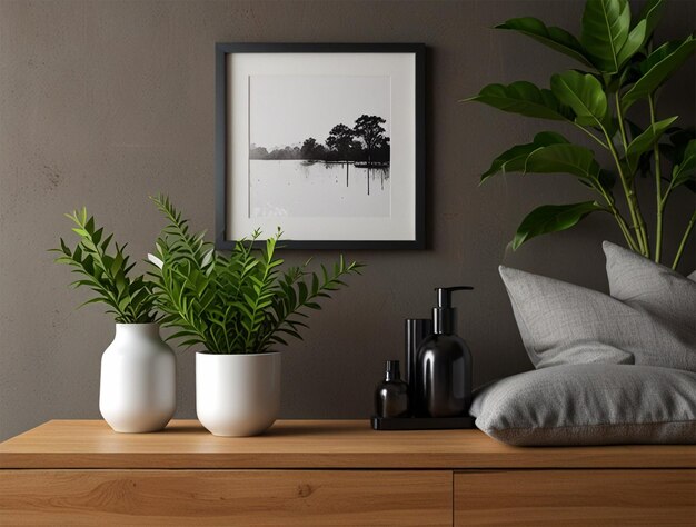 a picture of a landscape hangs on a wall above a couch