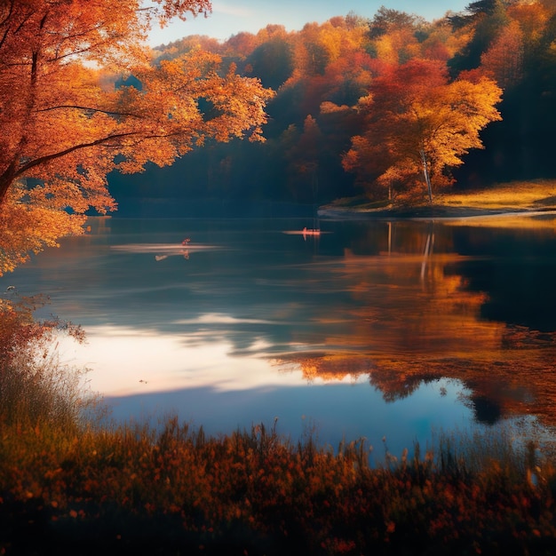 A picture of a landscape with foliage and a tranquil lake in autumn