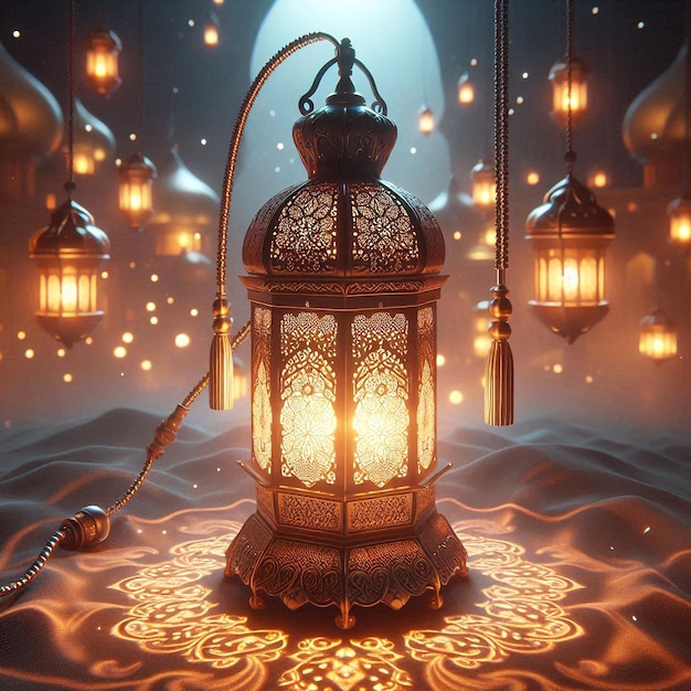 a picture of a lantern with lights in the background