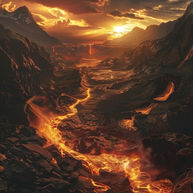 a picture of a lava flow with a sunset in the background