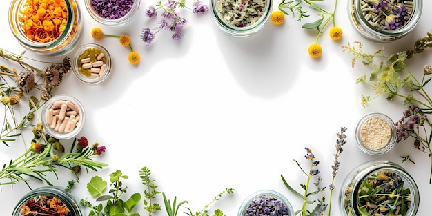 a picture of lavender and herbs on a white background