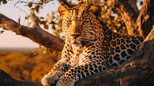 Picture of a leopard on tree in Africa images Generative AI