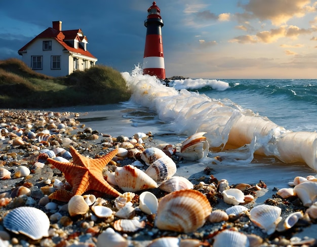 a picture of a lighthouse and starfish on a beach