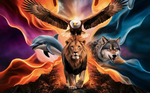 a picture of a lion and a fox with a eagle