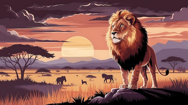 a picture of a lion on a rock with the sun behind it