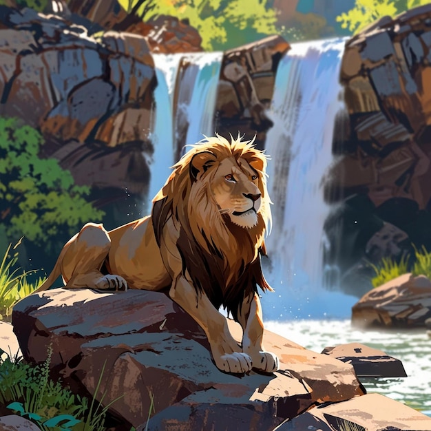 a picture of a lion on a rock with a waterfall in the background