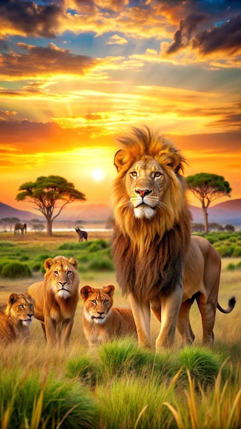 a picture of a lion and two lions with the sun behind them