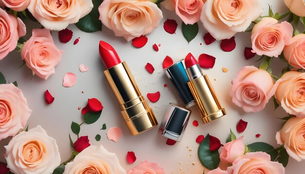 Photo a picture of lipsticks with hearts and roses on a white background