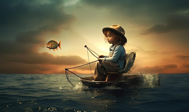 A picture of a little boy in a boat with a fishing pole and a fish.