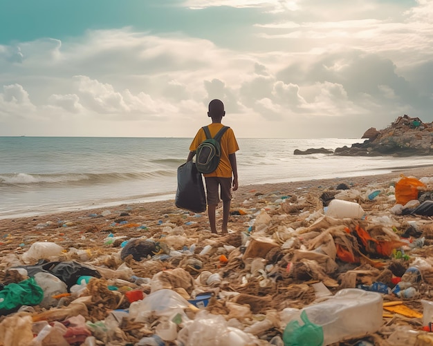 A picture of a little boy picking up plastic trash on the beach Generative AI