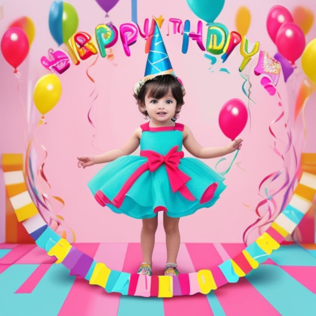 a picture of a little girl with balloons and the words happy birthday on it