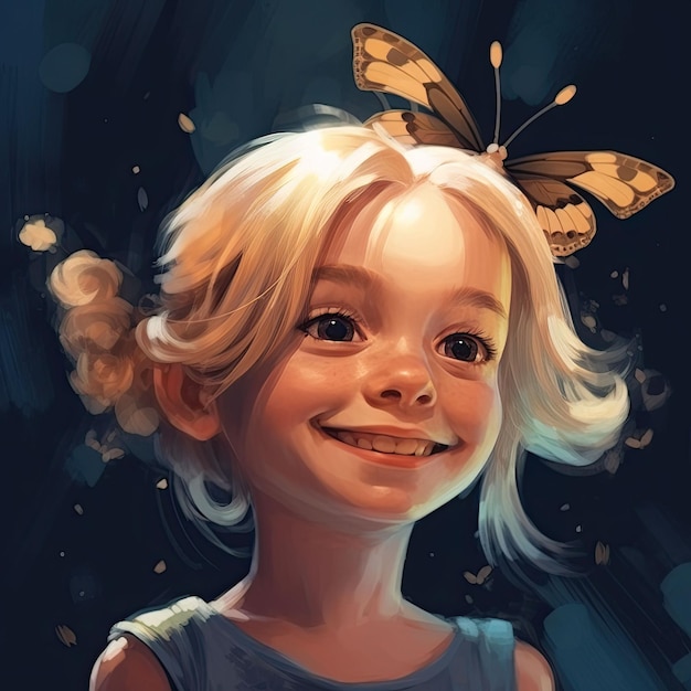 a picture of a little smiling girl with butterflies in her hair