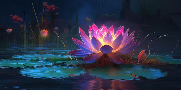 A picture of a lotus flower in water neon colored illustration