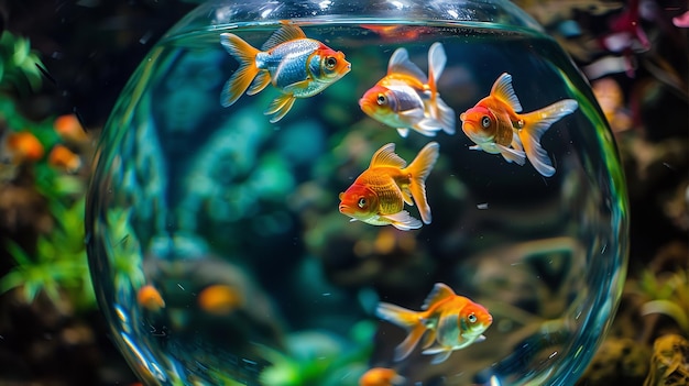 Picture of lovely fish swimming in a fishbowl within a rounded glass aquarium Generative AI