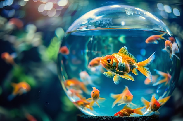 Picture of lovely fish swimming in a fishbowl within a rounded glass aquarium Generative AI