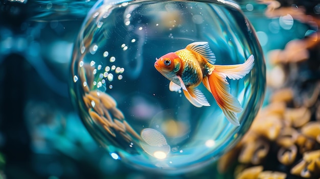 Picture of lovely fish swimming in a fishbowl within a rounded glass aquarium Generative AI