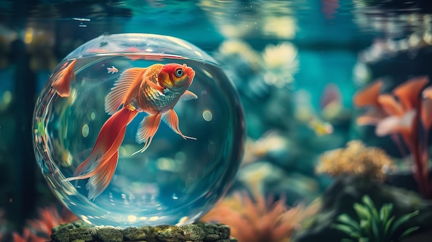 Picture of lovely fish swimming in a fishbowl within a rounded glass aquarium Generative AI