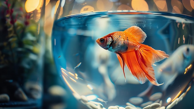 Picture of lovely fish swimming in a fishbowl within a rounded glass aquarium Generative AI