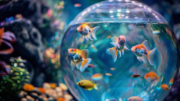 Picture of lovely fish swimming in a fishbowl within a rounded glass aquarium Generative AI