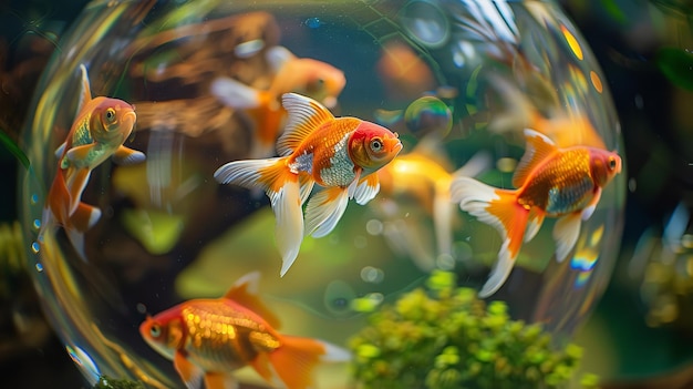 Picture of lovely fish swimming in a fishbowl within a rounded glass aquarium Generative AI