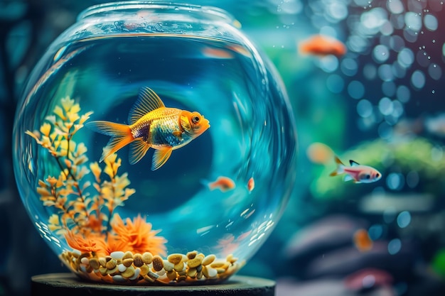 Picture of lovely fish swimming in a fishbowl within a rounded glass aquarium Generative AI