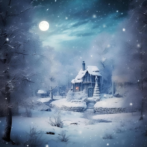 Picture of a Magical Winter Wonderland with a Charming Cottage Enchanting Snowy Scene