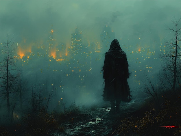 a picture of a man in a dark forest with a fire on the ground