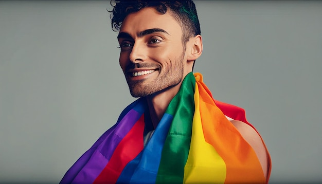 Picture of a man holding a gay pride flag and smiling concept Pride Month and Day Generative AI