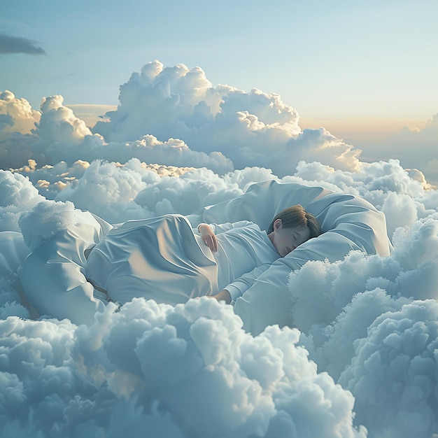 a picture of a man sleeping in the clouds with a blanket on his head