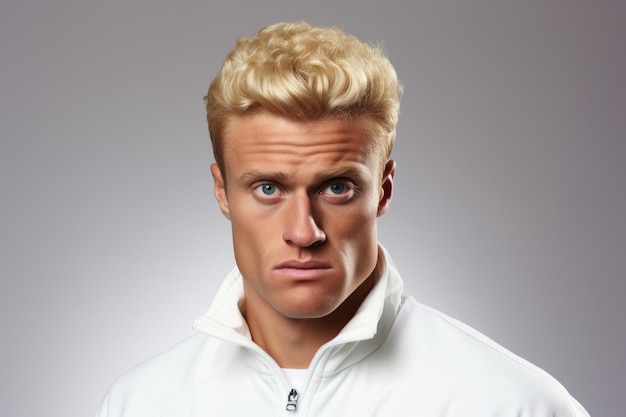 A picture of a man with blonde hair wearing a white jacket This versatile image can be used for a variety of purposes