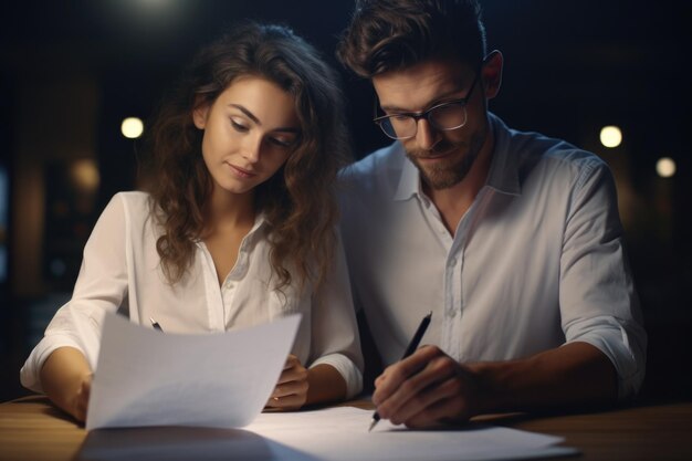 A picture of a man and woman sitting at a table focusing on their papers This image can be used to represent business meetings teamwork or collaboration